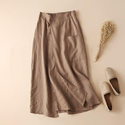 Women Elastic Waist Linen Knee-length A-line Skirt - MODE BY OH